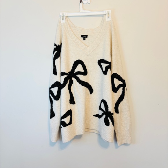 Express Sweaters - Express Cream Knit Sweater with sparkle black bow details